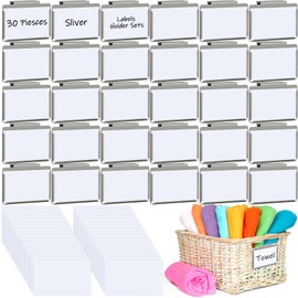 Basket Bin Labels Clips Label Holders Stainless Label Holders Removable Metal Bin Clips with Replacement Papers for Labeling, Classification, Induction (30 Pack)
