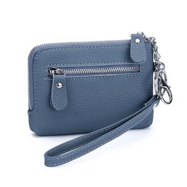 Yocipa Women's Coin Purse, Heart Pattern, Coin Case, Small Genuine Leather, Card Slot, Mini Wallet, Compact, Handheld, Keyring, Wrist Strap, blue