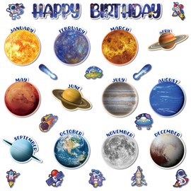Pasimy Space Birthday Bulletin Board Decorations Set Solar System Themes Classroom Birthday Chart Decor Outer Space Planet Rocket Astronaut Paper Cutouts for Wall Door Classrooms Back School Supplies