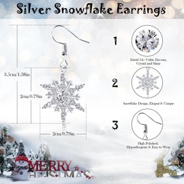 FANCH Snowflake Earrings for Women 18K White Gold Plated Leverback Dangle Christmas Snowflake Earrings High Polished Silver Dangle Drop Earrings