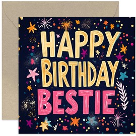 Happy Birthday Bestie Card - Stunning and Colourful Birthday Cards for Her - Designer Birthday Cards for Women - For BFF, Best Friend, Work Bestie - Bold Colour with Stars and Floral Accents