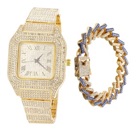 richhut Diamond Watch for Men Guys Iced Out 20MM Wide Wristband 18k Real Gold Plated, with Blue Diamond Cuban Link Chain 8", Gift for Boyfriend Husband