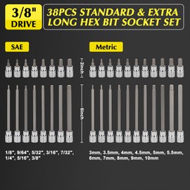 EMENTOL 38PCS 3/8" Drive Hex Bit Socket Set, CR-V, S2 Steel, SAE/Metric, Extra Long and Standard Allen Hex Bit Socket Set, 1/8 Inch - 3/8 Inch, 3mm - 10mm