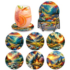 MOGTAA Camping Diamond Painting Coasters Kit with Holder, 5D Diamond Art Coasters Set of 6 for Adults Kids Beginners, DIY Diamond Painting Coaster Sets Landscape Painting Craft for Home Decor