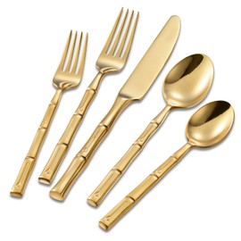 Flatasy Flatware Set Gold Silverware Set Stainless Steel Bamboo Handle Cutlery Set Mirror Polished 40 Pieces for Home Kitchen Restaurant Hotel Wedding Housewarming Gift Service for 8