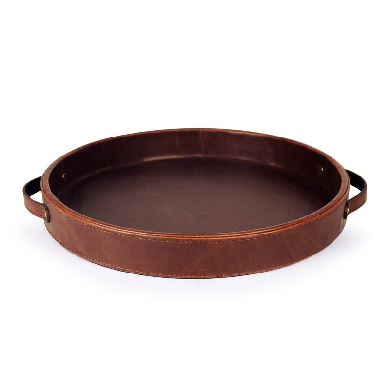 HofferRuffer Top Nocth PU Leather Round Serving Tray, Decorative Serving