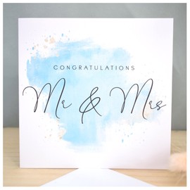 Congratulations Mr & Mrs | Wedding Greeting Card | Newly Married Couple | Husband Wife | Watercolour Splash Blue & Gold | 148mm Square