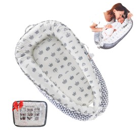 Loevin Baby Lounger for Newborn Cotton,Baby Nest Diaper Changing Pads for Babies with Handles,Newborn Lounger Adjustable Size & Inner Zipper Lengthen Space to 24 Months(Triangle Crown)