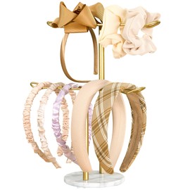 Josmimic Gold Headband Holder and Scrunchie Organizer: Hair Accessory Storage Stand with White Marble Base, Two-Tier Design for Bathroom, Vanity, or Dresser