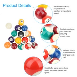 Mini Pool Balls，Small Size Billiard Table Ball Set American Style Pool Cue Balls Complete 16 Professional Billiards Resin Full Toy kit Accessories 1.5in Replacement Family Game Sports Children Kids