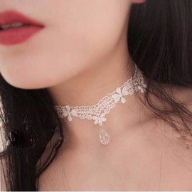 Aneneiceera Boho Flower Lace Choker Necklace White Teardrop Crystal Pendant Necklace Choker Gothic Droplet Collar Necklace Retro Vintage Necklace Chain Jewelry Gifts for Women and Girls(White A)