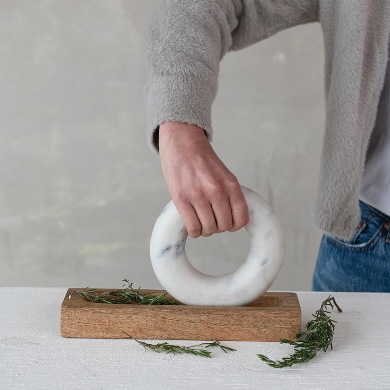 Creative Co-Op Mango Wood Mortar with Marble Ring Shaped Pestle,