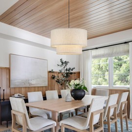 VILUXY Drum Fabric Pendant Light Farmhouse White Chandelier Double Drum Shade Hanging Ceiling Light Fixture 3 Lights Linen for Bedroom Dining Room Living Room Entryway