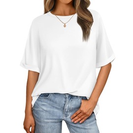 MIROMIHO Work Shirts for Women Oversized Short Sleeve Loose Fit Crewneck Summer Casual Blouse Cute Teen Girl Tshirts White