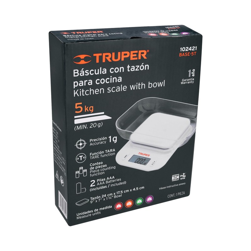 Truper BASE-5T, Báscula digital con tazón para cocina 5kg precisión