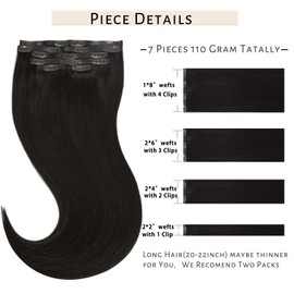 Caliee 18Inch Clip in Hair Extensions Real Human Hair Color 1B Natural Black Double Weft PU Clip in Hair Extensions Straight Soft Natural Hair Clip in Hair Extensions for Woman 7Pcs 110Gram