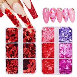 12 Grids Valentine’s Day Nail Art Glitter Sequins 3D Laser Red Pink Heart Glitters Nail Decals，Holographic Love Heart Nail Art Supplies for Women Manicure Charms Decorations Body Makeup Sets