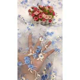 himsyuden Sheer Floral Embroidery Lace Fabric Mesh Fabric Cool Floral Pattern Mesh Lace Summer Clothes Hand DIY Handmade Curtain Craft Tutu Decoration Small Flower Mesh Costume Accessory for Sewing Home Use Width 130CM x Length 90CM (Blue)