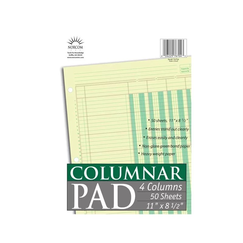 Norcom Columnar Pad, 4 Columns, 11 x 8.5 Inches, 50