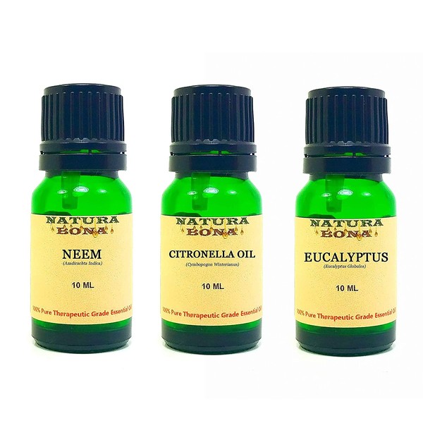 Essential Oil Sets 100% Pure & Therapeutic Grade for Diffusers Body Massage Skin Aromatherapy; 3-Pack EO Kit, 10ml each Euro Glass Droppers (Neem, Citronella, Eucalyptus)