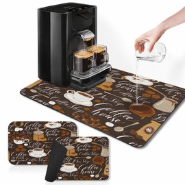 Arttown Coffee Mat for Countertops, Tea Coffee Retro Vintage Cafe Brown Dish Drying Mat 2 Pcs for Kitchen Coffee Bar Accessory,Fit Under Coffee Maker Espresso Machine Dish Rack Hide Stain 12x19in