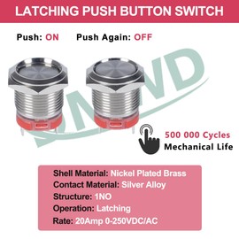 DMWD 16mm Heavy Duty Latching Metal Push Button Switch Waterproof Large Current 20Amp 12V 24V 110V (ON)-Off 1NO Short Height for 5/8" Mounting Hole Without LED 2 Pins