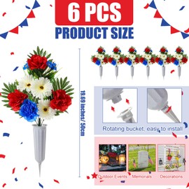 Yuxung 6 Sets Patriotic Memorial Bouquet with Vase Cemetery Flowers for Grave Red Blue Peony and White Mum Thank You Veterans Artificial Flowers 4th of July Funeral Headstones Bouquet Grave Decoration
