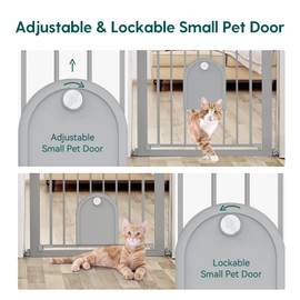 Babelio Auto Close Baby Gate with Small Cat Door, 29-43" Metal Cat Gate for Doorway, Stairs, House, Easy Walk Thru Dog Gate with pet Door, includes 4 Wall Cups and 3 Extension Pieces, Gray
