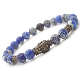 Zen-Ethno-Herrenarmband aus blauen imperialen Jaspisperlen und bronzefarbenem Buddha