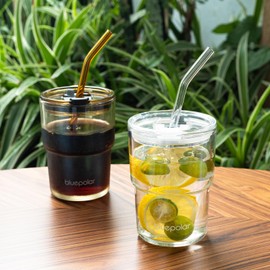 BLUEPOLAR 13oz/400ml Glass Water Tumbler with Straw and Lid Sealed Carry On Thick Wall Iced Coffee Cup Glass Cup for Water, Iced Tea Fruit Juice Etc(Bon Appétit)