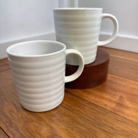 Crate & Barrel Roulette White Ribbed Mugs Spal Porcelain Portugal Set 2 Modern