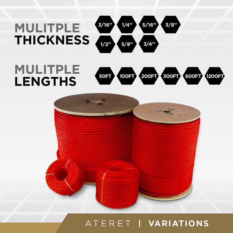 ATERET Twisted 3-Strand Red Polypropylene Rope Monofilament I 3/8" x