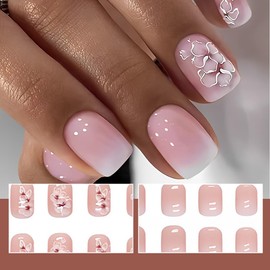 BIRLOZA Pack of 24 White Square Nails for Sticking Short with Flower Pattern Gradient Pink Press on Nails Artificial Nails Fake Nails for Nails Art Square French Artificial Nails for Women