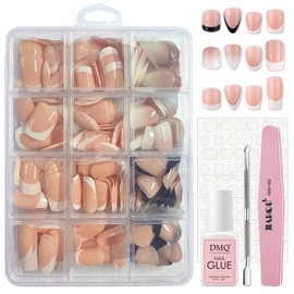 DMQ French Press on Nails Short Set, 288Pcs Square Black White French Tip False Nails, Almond Ombre Stick on Nails, French Pink Gradient Fake Nail Kit with Glue for Women Nail Art Manicure