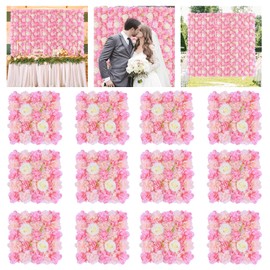 FANPROMS Pink Flower Wall Backdrop 12 Pcs Artificial Flower Wall Panels Silk Rose Flowers for Backdrops Pink Artificial Floral Backdrop Walls for Birthday Party Wedding Decor