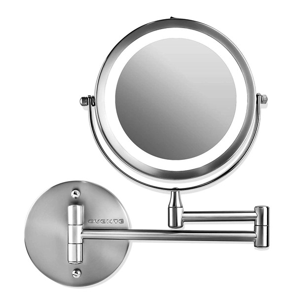 Ovente Lighted Wall Mounted Makeup Mirrors 7 Inch 1X 7X Magnifying LED 360 Degree Spinning Double Side Extendable Reach Circle Large Bathroom Decor 4 AAA Battery Operated Polished Chrome MFW70CH1X7X