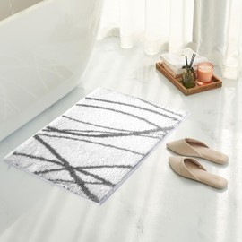 Tititex Luxury White Grey Curve Line Bathroom Rug, 16x24 inch Classic Extra Soft and Absorbent Microfiber Bath Rugs, Non-Slip Plush Shaggy Bath Carpet, Bath Mat for Bathroom, Tub and Shower