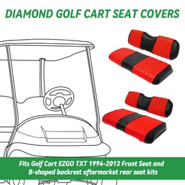 XUANYUDG0769 Golf Cart Front and Rear Seat Covers for EZGO TXT 1994-2013 OEM Ordinary Front Seat and Aftermarket Common Rear Seat Kits, No Stapler Vinyl Leather Diamond EZGO TXT Seat Covers