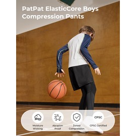 PATPAT Boys Compression Pants, Quick Dry Leggings Tights for Sports Training, Athletic Base Layer Bottoms, Full-Length, Black, US10/M