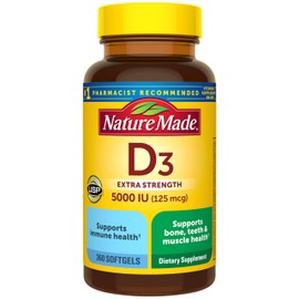 Nature Made Vitamin D3 5000 IU (125 mcg) Softgels, Extra Strength Vitamin D Supplement for Bone and Immune Health Support, 360 Count, 360 Day Supply