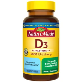 Nature Made Vitamin D3 5000 IU (125 mcg) Softgels, Extra Strength Vitamin D Supplement for Bone and Immune Health Support, 360 Count, 360 Day Supply