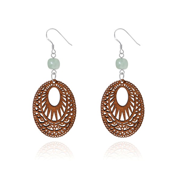 Bohemian Wooden Drop Earrings, Oval Filigree Design with Jade Beads,