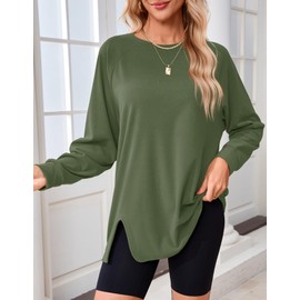 Odosalii Long Sleeve Workout Tops Crewneck Sweatshirt for Teen Girls Soft Casual Pullover Tunic Top Fall Trendy Clothes Army Green S