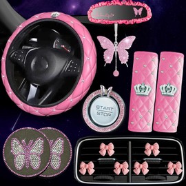 Dotesy 16 Pcs Bling Car Steering Wheel Cover Set with Crystal Seatbelt Shoulder Pads Diamond Butterfly Car Accessories for Women (Pink)