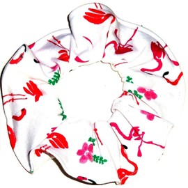 Flamingos Interlock Knit Fabric Hair Scrunchie Scrunchies by Sherry Pink White