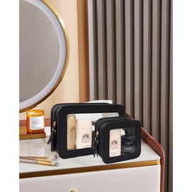 2 Pcs Travel Clear Makeup Bag Set, Clear Black Makeup Organizer with Zipper Leather Travel Bags for Toiletries Small Cosmetic Bags for Women Mini Make up Pouch Toiletry Bags Car Essentials (Black)