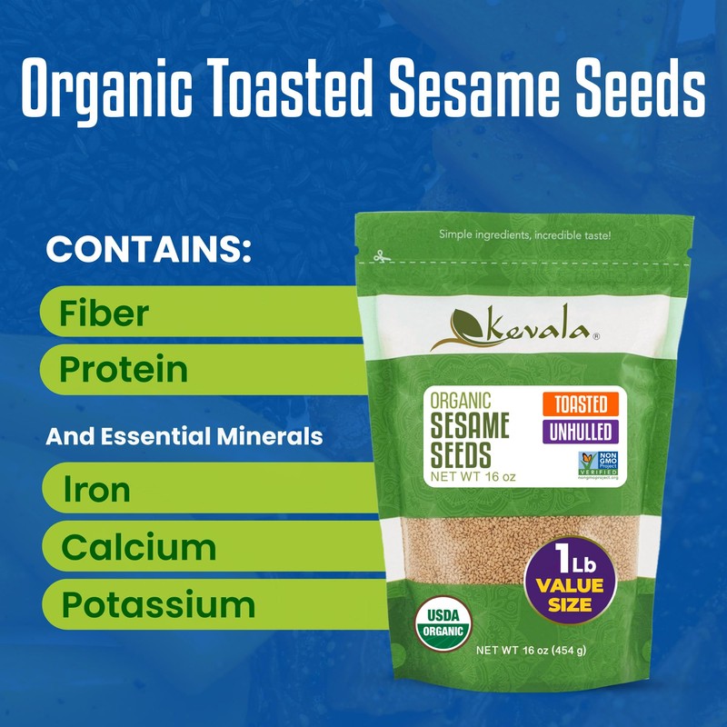 Kevala Organic Toasted Sesame Seeds (Unhulled) - Nutritious Snack for