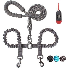 FRANCISCO Correa Doble para Perros,120cm Correa giratoria Giratoria de 360 ° sin Enredos,Ajustable Correas Perros Elástico Amortiguador,Reflejos nocturnos,Apto para Dos Perros (Gris)