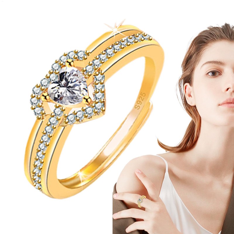 Heart Stone Ring - Adjustable Heart Rings with Cubic Zirconia,Open