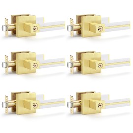 EHOMEWARE 6 Pack Gold Door Handles with White Leather Bedroom Door Locks with Keys, Keyed Alike Brass Door Lever for Living Room or Bedroom, Locked with Keys - Entrance Function